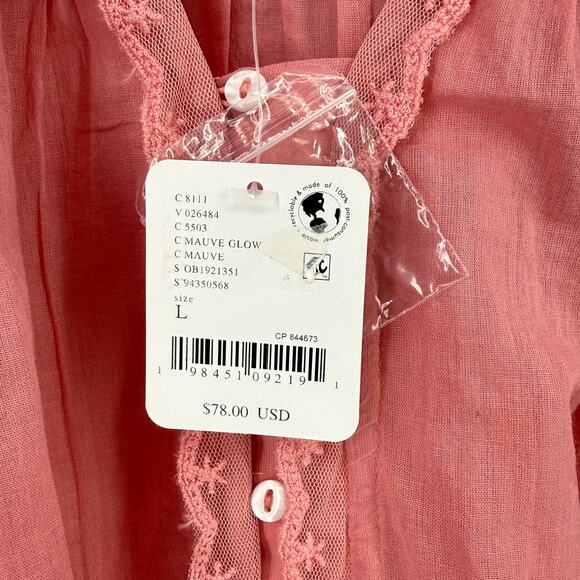 Free People Luna Top Mauve Glow Pink Lace Boho Peasant Shirt Women's Size Large - Picture 7 of 9